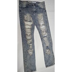 TRUE ROCK Men's Blue Acid Wash Distressed Ripped Slim Fit Jeans Size 32x30